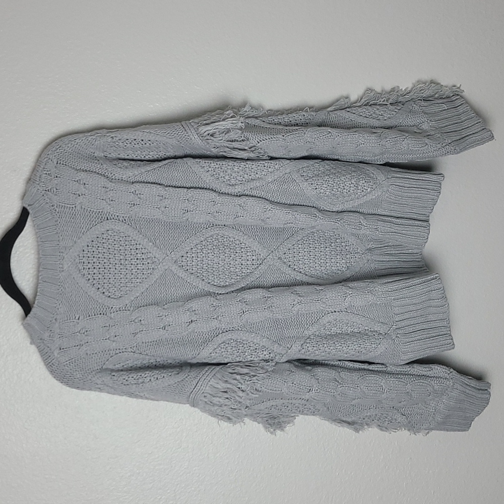 &merci Boho Sweater Cable Knit Bodice Fringe Sleeves Ribbed Hem Size Large Gray - Picture 8 of 11